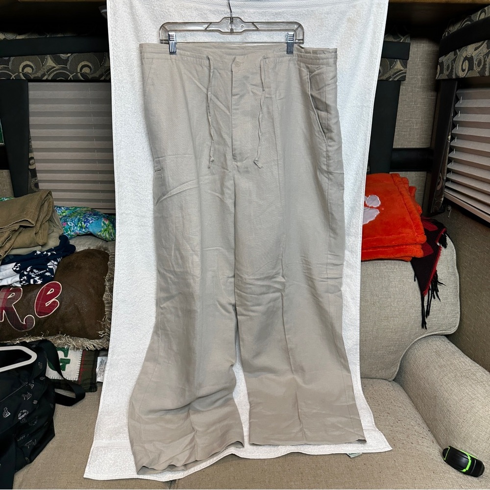 Linea Uomo Linen Pants Mens 42 X 30 Off White Flat Front‎ Drawstring Lined